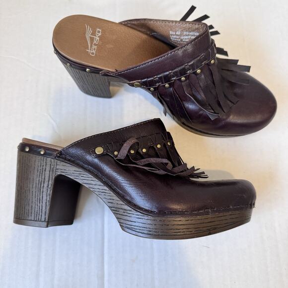 Dansko Shoes Womens Size 40 Leather Clogs Block Heel Stud Fringe Mule Retro - Picture 1 of 11